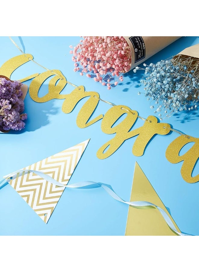 Boao 2 Pieces 2024 Gold Congratulations Graduation Banner Triangle Flag Banner Vintage Glitter Congratulations Banner Pennant for Wedding Baby Shower Ceremony Retirement Party Supplies