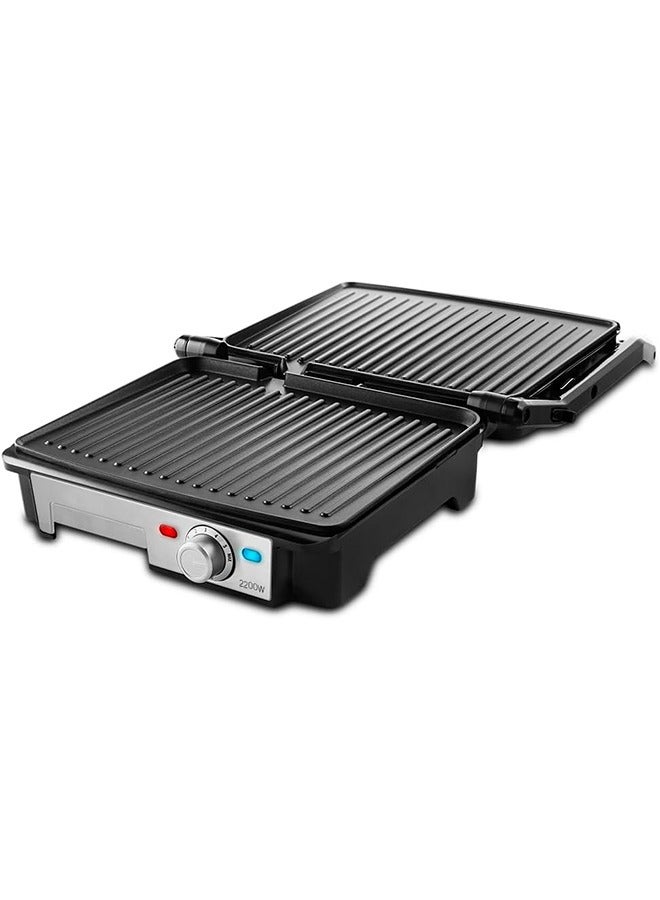 Grill, 2200 W, Non-Stick Plates, 180° Plate Openings, Temperature Regulator, Grease Tray, Cold Touch Handles, Silver/Black-PR2000