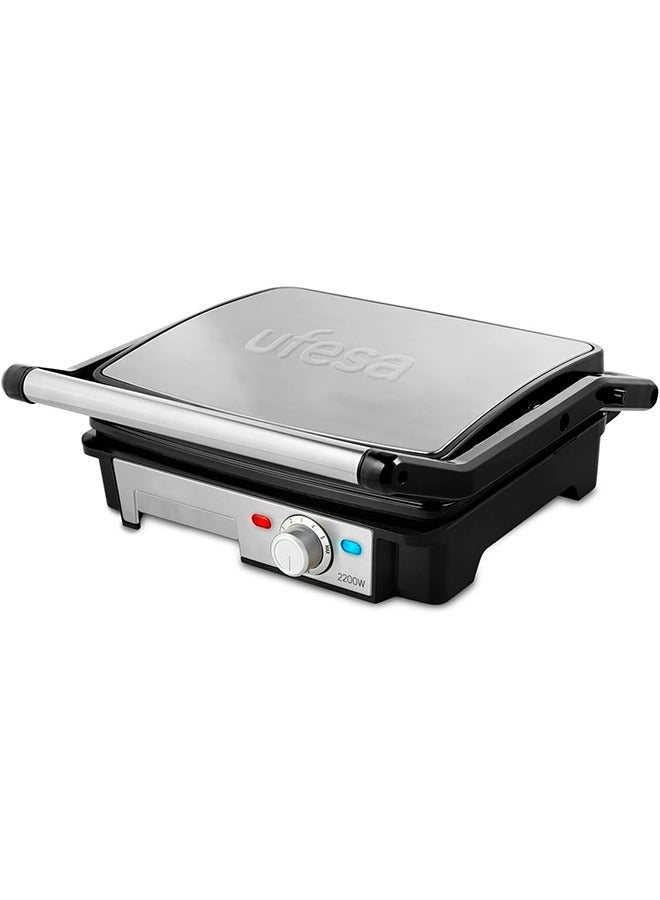 Grill, 2200 W, Non-Stick Plates, 180° Plate Openings, Temperature Regulator, Grease Tray, Cold Touch Handles, Silver/Black-PR2000