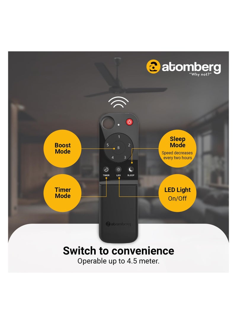 atomberg Efficio Azor 1200mm | BLDC Motor 5 Star Rated Classic Ceiling Fans with Remote Control | High Air Delivery Fan with LED Indicators | Upto 65% Energy Saving (Midnight Black)