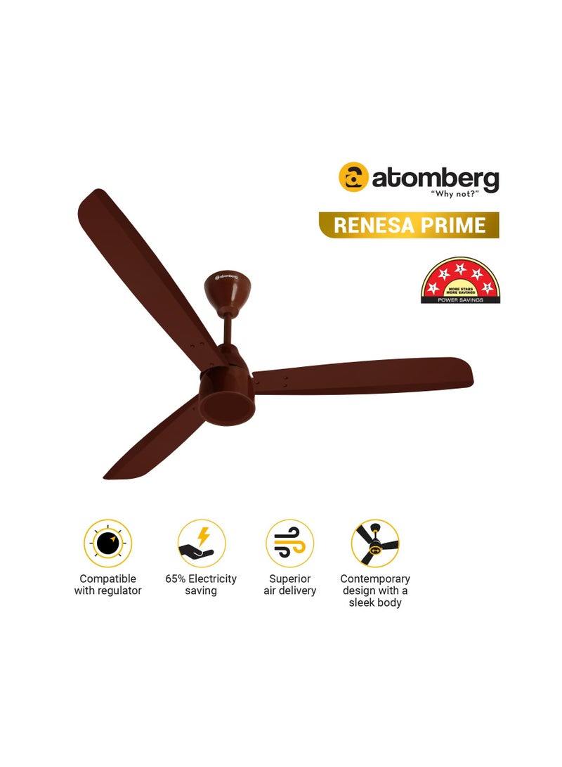 atomberg Renesa Prime 1200mm BLDC Ceiling Fan Compatible with Regulators | Without Remote | BEE 5 star Rated Energy Efficient Ceiling Fan | High Air Delivery with LED Indicator (Gloss Brown)