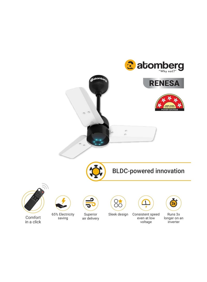 atomberg Renesa 600mm BLDC Ceiling Fan with Remote Control | BEE 5 star Rated Energy Efficient Ceiling Fan | High Air Delivery with LED Indicators | 2+1 Year Warranty (White & Black)