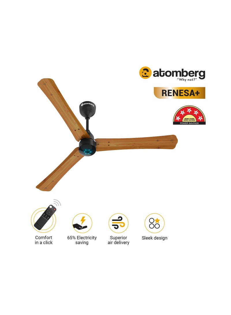 atomberg Renesa+ 1200mm BLDC Ceiling Fan with Remote Control | BEE 5 star Rated Energy Efficient Ceiling Fan | High Air Delivery with LED Indicators | 2+1 Year Warranty (Golden Oakwood)