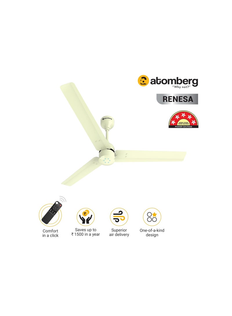 atomberg Renesa 1200mm BLDC Ceiling Fan with Remote Control | BEE 5 star Rated Energy Efficient Ceiling Fan | High Air Delivery with LED Indicators | 2+1 Year Warranty by Atomberg (Gloss Ivory)