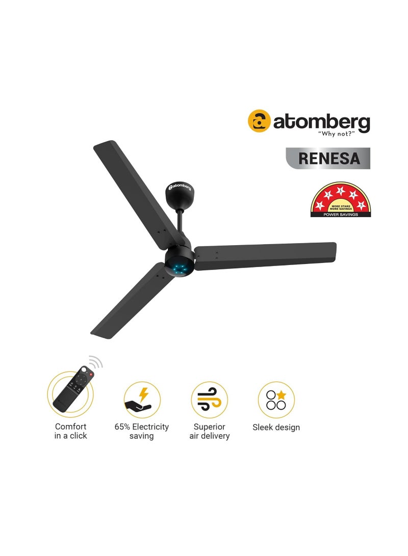 atomberg Renesa 1200mm BLDC Ceiling Fan with Remote Control | BEE 5 star Rated Energy Efficient Ceiling Fan | High Air Delivery with LED Indicators | 2+1 Year Warranty (Midnight Black)