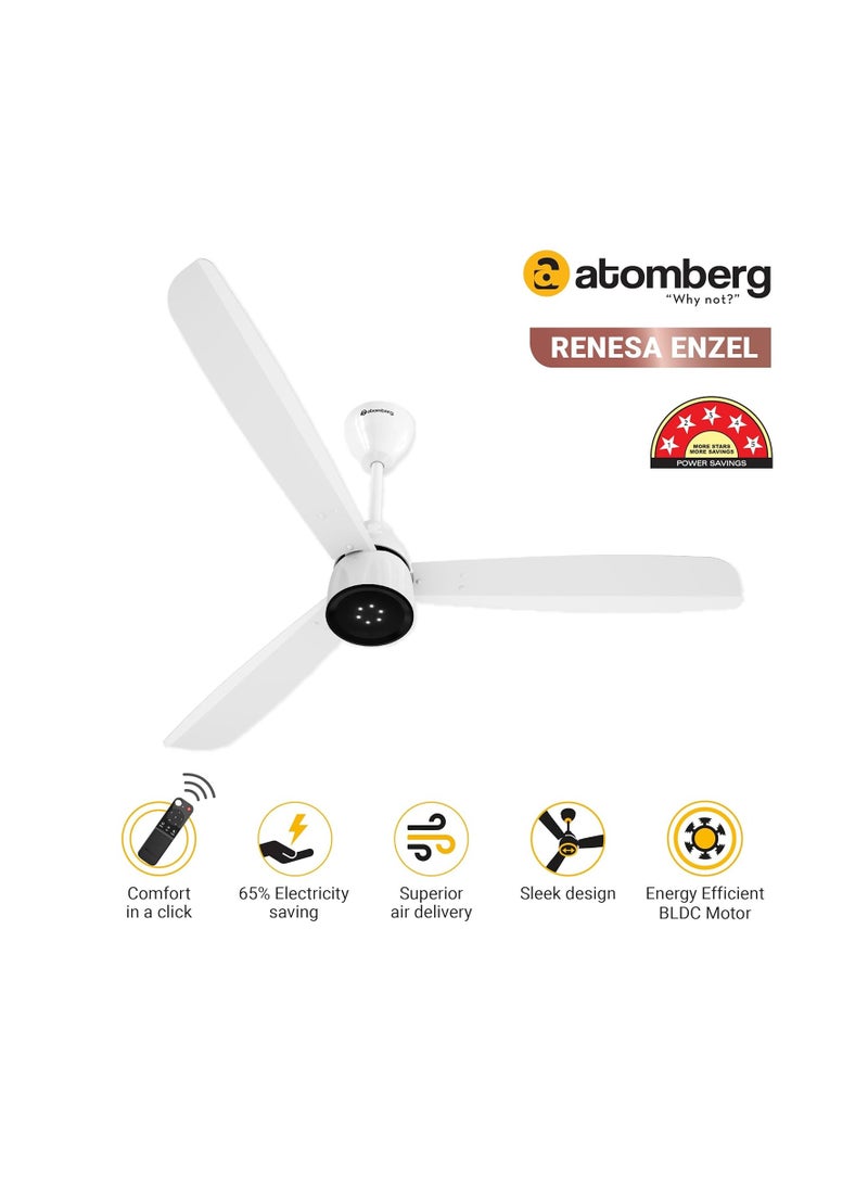 atomberg Renesa Enzel 1200mm BLDC Ceiling Fan with Remote Control | BEE 5 star Rated Energy Efficient Ceiling Fan | High Air Delivery with LED Indicators | 1+1 Year Warranty (Gloss White)