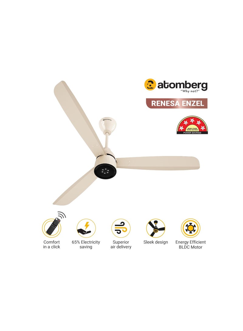 atomberg Renesa Enzel 1200mm BLDC Ceiling Fan with Remote Control | BEE 5 star Rated Energy Efficient Ceiling Fan | High Air Delivery with LED Indicators| 1+1 Year Warranty (Seasand Ivory)