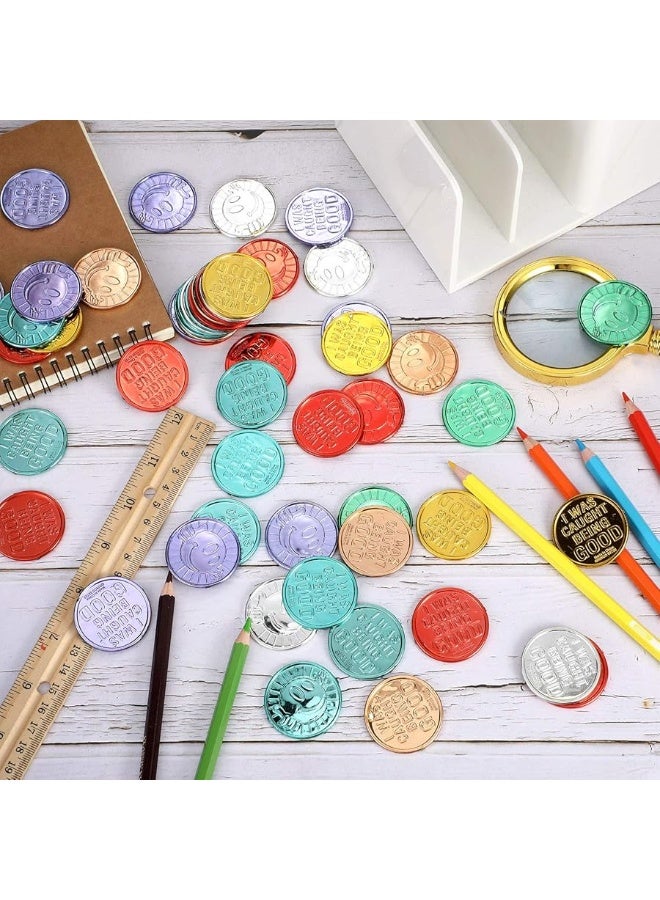 200 Pieces I was Caught being Good Incentive Coins Colorful Plastic Reward Coins School Teacher Reward and Prize Supplies Smile Face Coin Pretend Play Coin for Counting Halloween Christmas Party