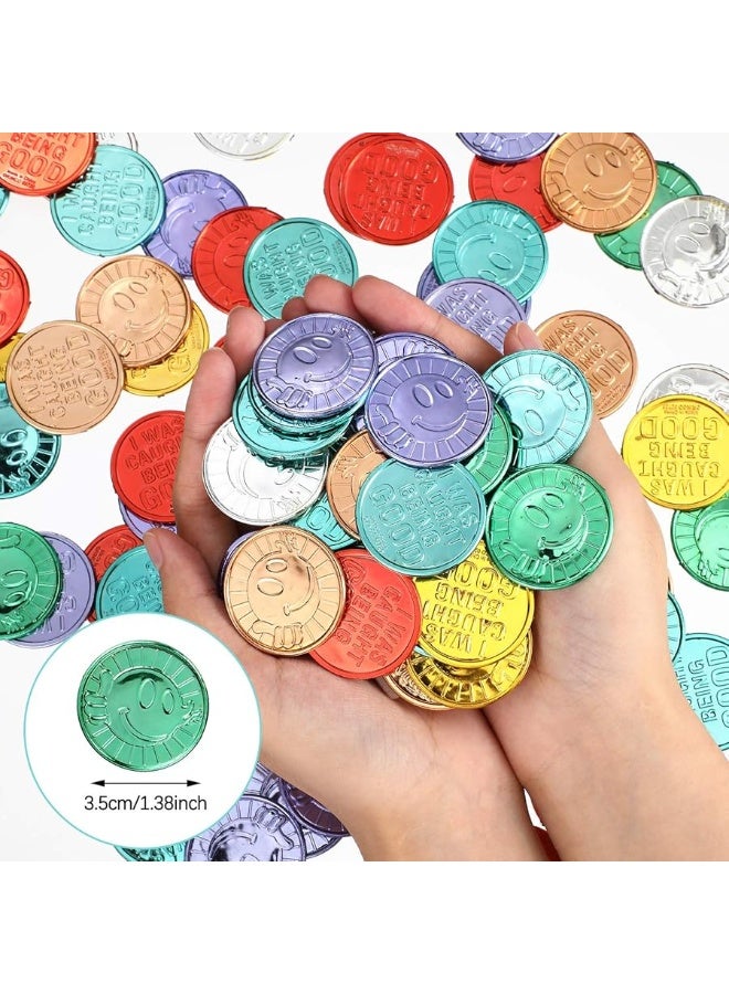 200 Pieces I was Caught being Good Incentive Coins Colorful Plastic Reward Coins School Teacher Reward and Prize Supplies Smile Face Coin Pretend Play Coin for Counting Halloween Christmas Party