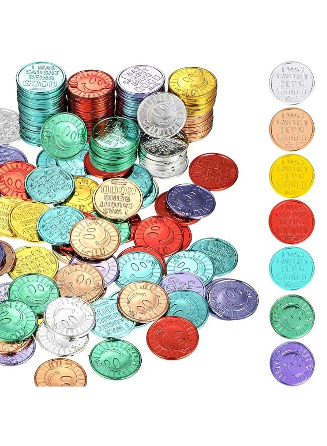 200 Pieces I was Caught being Good Incentive Coins Colorful Plastic Reward Coins School Teacher Reward and Prize Supplies Smile Face Coin Pretend Play Coin for Counting Halloween Christmas Party