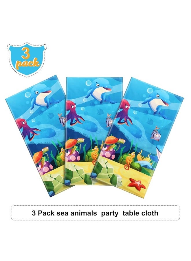 Tiamon 3 Pack Sea Party Tablecloth Ocean Animals Table Cover Underwater Creatures Ocean Sea Life Tablecloth for Kids Ocean Birthday Party Decoration, 54 x 108 Inch