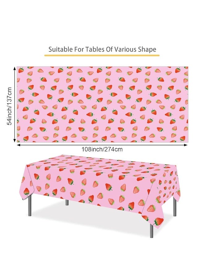 PHOGARY 2 PCS Strawberry Tablecloth for Strawberry Party Decorations, Disposable Plastic Rectangle Strawberry Table Cloth for Kids Girls Strawberry Birthday Decorations Strawberry Baby Shower 54