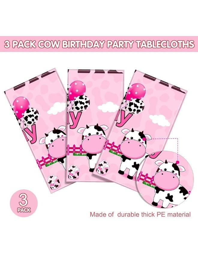 Tiamon 3 Pieces Cow Birthday Party Tablecloth Decorations Plastic Farm Animal Table Cover Pink Cow Print Table Cloths for Farmhouse Girls Happy Birthday Baby Shower Party Supplies, 108 x 54 Inches