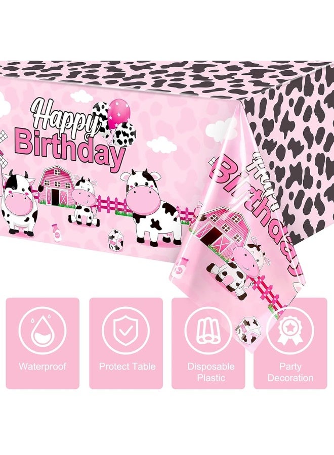 Tiamon 3 Pieces Cow Birthday Party Tablecloth Decorations Plastic Farm Animal Table Cover Pink Cow Print Table Cloths for Farmhouse Girls Happy Birthday Baby Shower Party Supplies, 108 x 54 Inches