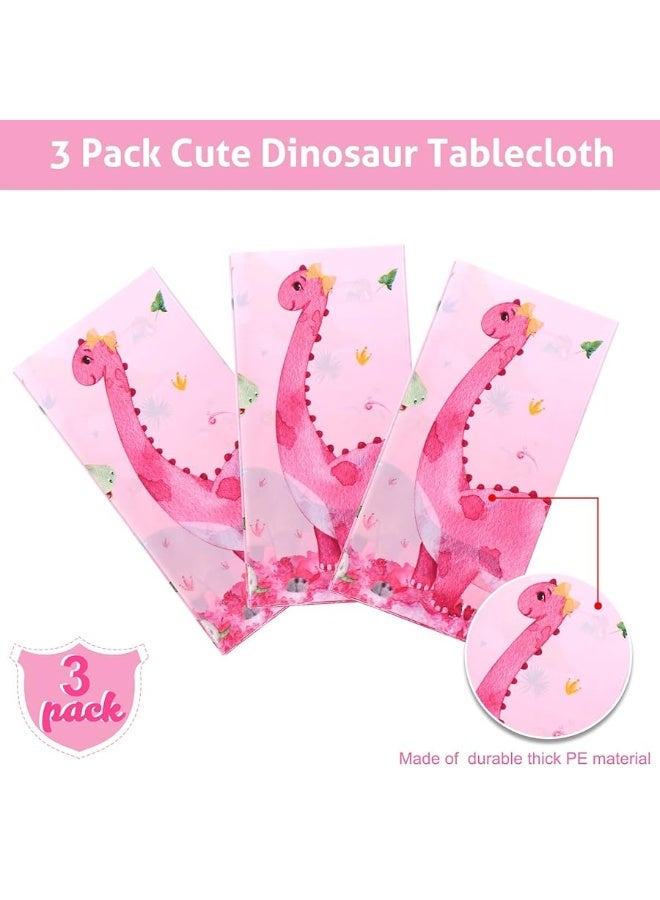 3 Pieces Dinosaur Party Tablecloths Pink Dinosaur Table Covers Plastic Disposable Dinosaur Printed Table Cloths Rectangular Dino Party Supplies for Kids Birthday Baby Shower Party, 54 x 86.7 Inches