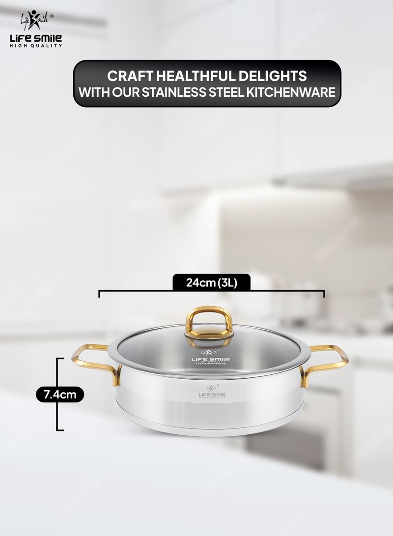 24cm (3 Liter) LIFE SMILE Shallow Pot with Lid - 18/10 Pure Stainless Steel - Induction Base Double Handle Fry Pan - Non-Toxic, 100% PFOA, PTFE & PFOS Free - Oven Safe Saute Pan