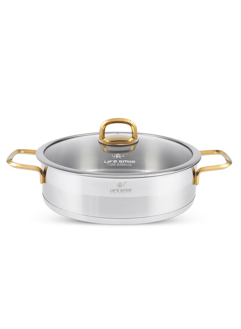 24cm (3 Liter) LIFE SMILE Shallow Pot with Lid - 18/10 Pure Stainless Steel - Induction Base Double Handle Fry Pan - Non-Toxic, 100% PFOA, PTFE & PFOS Free - Oven Safe Saute Pan