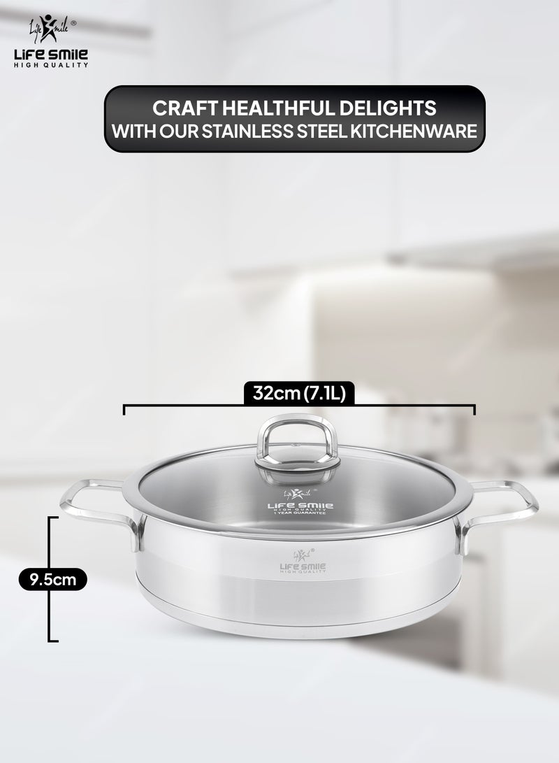 32cm (7.1 Liter) LIFE SMILE Shallow Pot with Lid Big Size - 18/10 Pure Stainless Steel - Induction Base Double Handle Fry Pan - Non-Toxic, 100% PFOA, PTFE & PFOS Free - Oven Safe Saute Pan