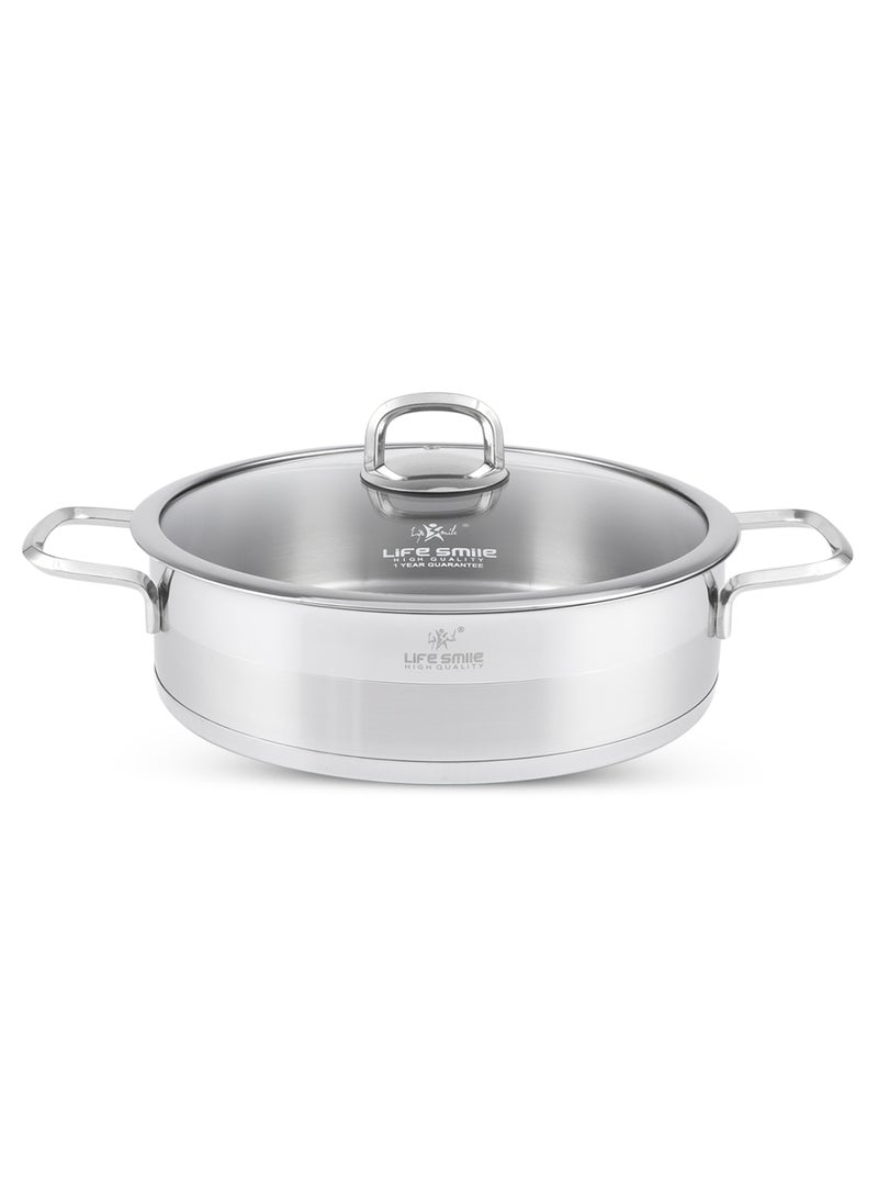 32cm (7.1 Liter) LIFE SMILE Shallow Pot with Lid Big Size - 18/10 Pure Stainless Steel - Induction Base Double Handle Fry Pan - Non-Toxic, 100% PFOA, PTFE & PFOS Free - Oven Safe Saute Pan