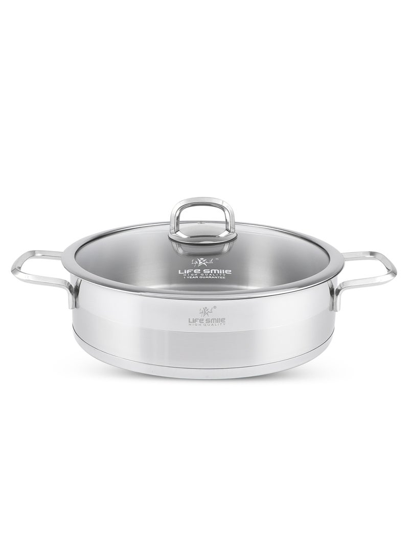 28cm (4.8 Liter) LIFE SMILE Shallow Pot with Lid - 18/10 Pure Stainless Steel - Induction Base Double Handle Fry Pan - Non-Toxic, 100% PFOA, PTFE & PFOS Free - Oven Safe Saute Pan