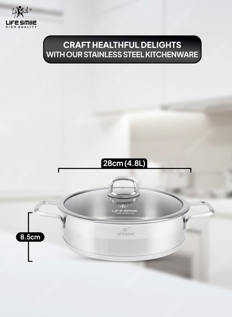 28cm (4.8 Liter) LIFE SMILE Shallow Pot with Lid - 18/10 Pure Stainless Steel - Induction Base Double Handle Fry Pan - Non-Toxic, 100% PFOA, PTFE & PFOS Free - Oven Safe Saute Pan