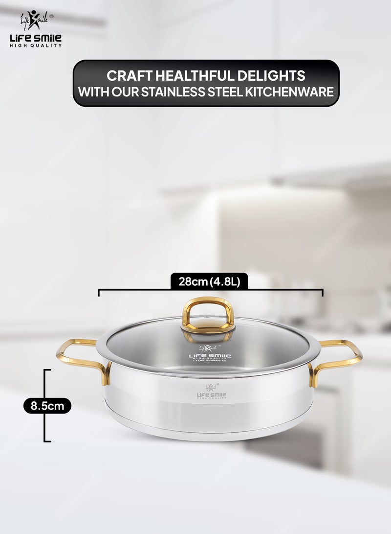 28cm (4.8 Liter) LIFE SMILE Shallow Pot with Lid - 18/10 Pure Stainless Steel - Induction Base Double Handle Fry Pan - Non-Toxic, 100% PFOA, PTFE & PFOS Free - Oven Safe Saute Pan