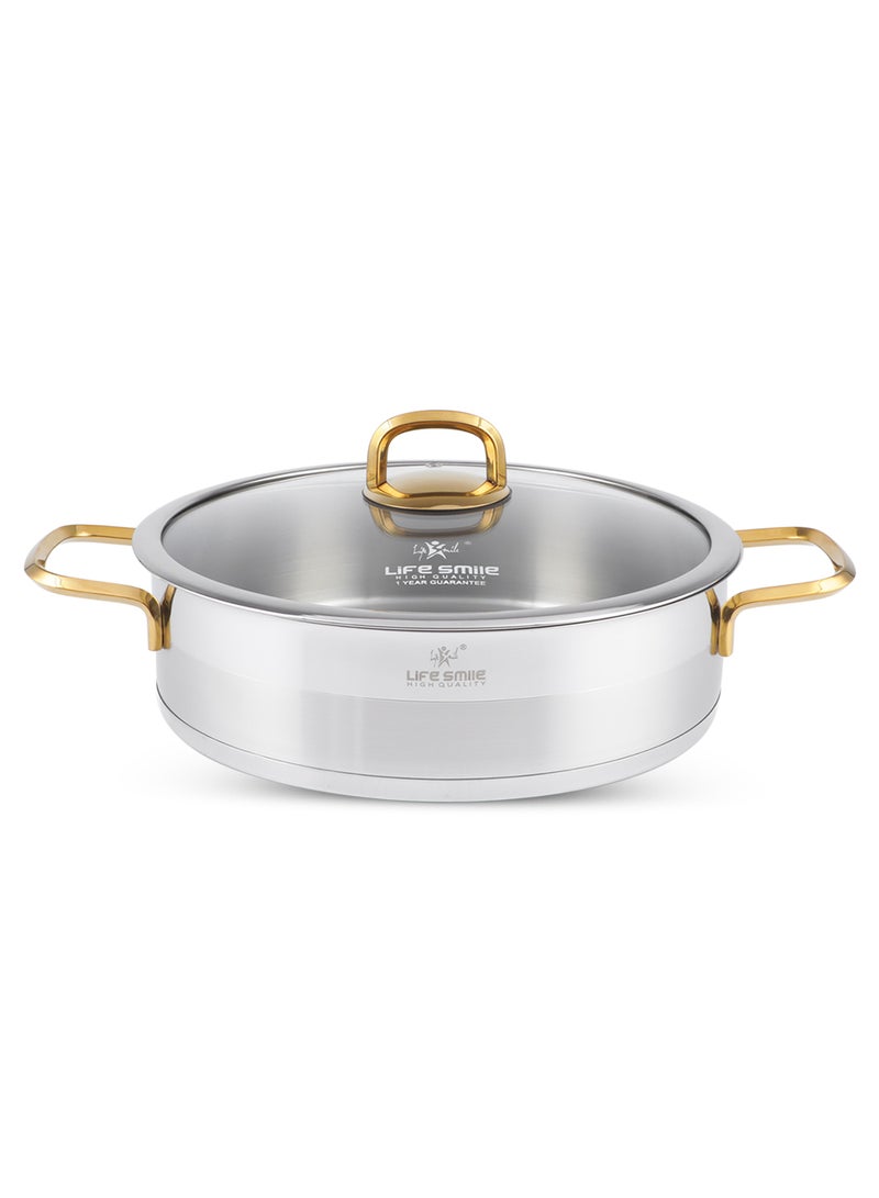 28cm (4.8 Liter) LIFE SMILE Shallow Pot with Lid - 18/10 Pure Stainless Steel - Induction Base Double Handle Fry Pan - Non-Toxic, 100% PFOA, PTFE & PFOS Free - Oven Safe Saute Pan