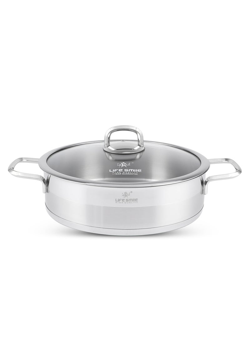 24cm (3 Liter) LIFE SMILE Shallow Pot with Lid - 18/10 Pure Stainless Steel - Induction Base Double Handle Fry Pan - Non-Toxic, 100% PFOA, PTFE & PFOS Free - Oven Safe Saute Pan