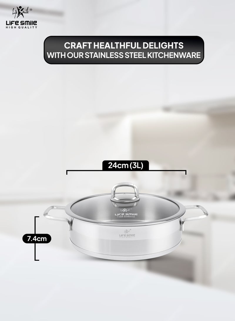 24cm (3 Liter) LIFE SMILE Shallow Pot with Lid - 18/10 Pure Stainless Steel - Induction Base Double Handle Fry Pan - Non-Toxic, 100% PFOA, PTFE & PFOS Free - Oven Safe Saute Pan