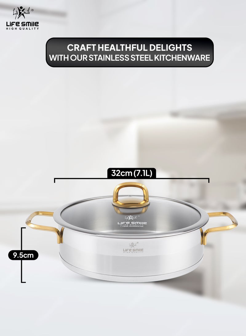 32cm (7.1 Liter) LIFE SMILE Shallow Pot with Lid Big Size - 18/10 Pure Stainless Steel - Induction Base Double Handle Fry Pan - Non-Toxic, 100% PFOA, PTFE & PFOS Free - Oven Safe Saute Pan