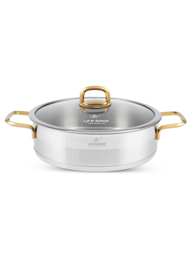 32cm (7.1 Liter) LIFE SMILE Shallow Pot with Lid Big Size - 18/10 Pure Stainless Steel - Induction Base Double Handle Fry Pan - Non-Toxic, 100% PFOA, PTFE & PFOS Free - Oven Safe Saute Pan