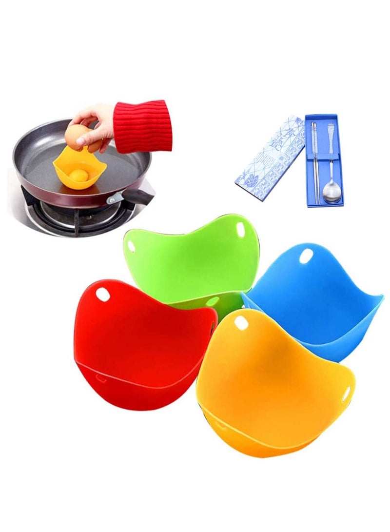 Egg Poacher 4 Pack with 1 Chopsticks 1 Spoon Heat Resistant Extra Silicone Moulds for Cooking