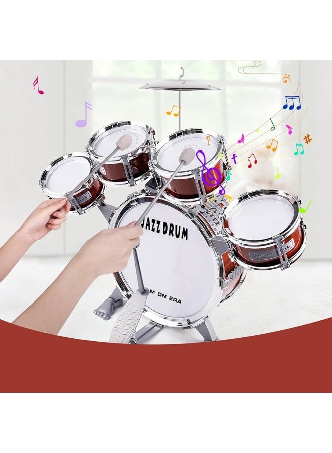 M SANMERSEN Toddler Drum Kit Kids Toy Jazz Drum Set 5 Drums with Stool Mini Band Rock Set Musical Instruments Toy Birthday Gift for Beginners Boys Girls, Red