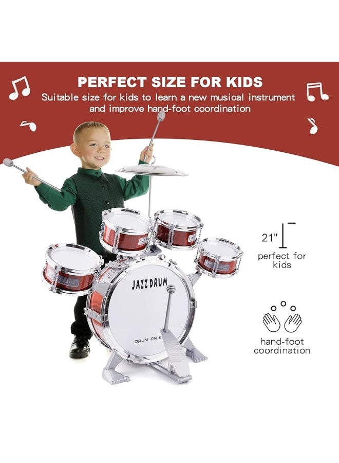 M SANMERSEN Toddler Drum Kit Kids Toy Jazz Drum Set 5 Drums with Stool Mini Band Rock Set Musical Instruments Toy Birthday Gift for Beginners Boys Girls, Red