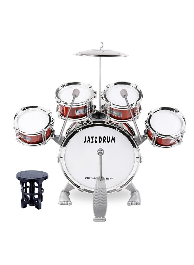 M SANMERSEN Toddler Drum Kit Kids Toy Jazz Drum Set 5 Drums with Stool Mini Band Rock Set Musical Instruments Toy Birthday Gift for Beginners Boys Girls, Red