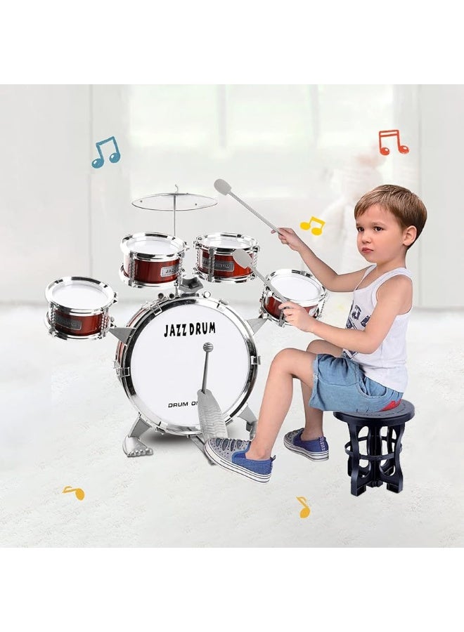 M SANMERSEN Toddler Drum Kit Kids Toy Jazz Drum Set 5 Drums with Stool Mini Band Rock Set Musical Instruments Toy Birthday Gift for Beginners Boys Girls, Red