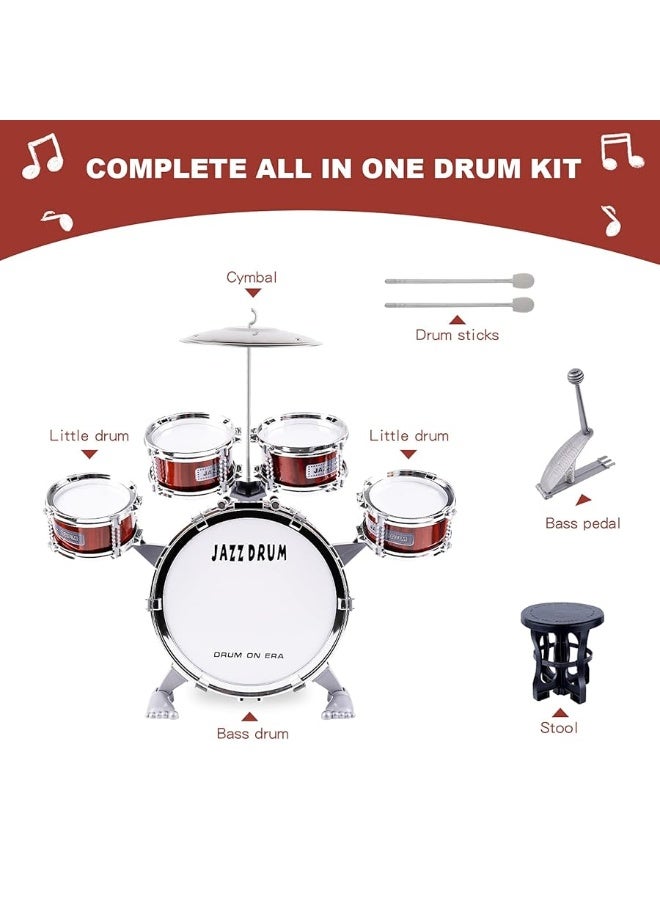 M SANMERSEN Toddler Drum Kit Kids Toy Jazz Drum Set 5 Drums with Stool Mini Band Rock Set Musical Instruments Toy Birthday Gift for Beginners Boys Girls, Red