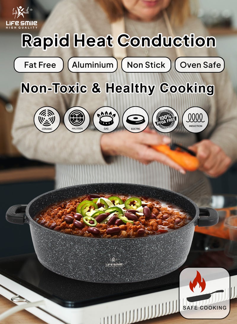 32cm (6.5 Liter) LIFE SMILE Shallow Pot - Multi Layer Non Stick Granite Coating 100% PFOA Free - Glass Lid With Silicone Rim - Detachable Silicone Handles - Oven Safe Frying Pan