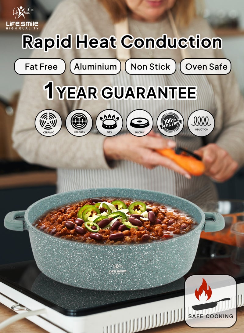 24cm (2.1 Liter) LIFE SMILE Shallow Pot - Multi Layer Non Stick Granite Coating 100% PFOA Free - Glass Lid With Silicone Rim - Detachable Silicone Handles - Oven Safe Frying Pan