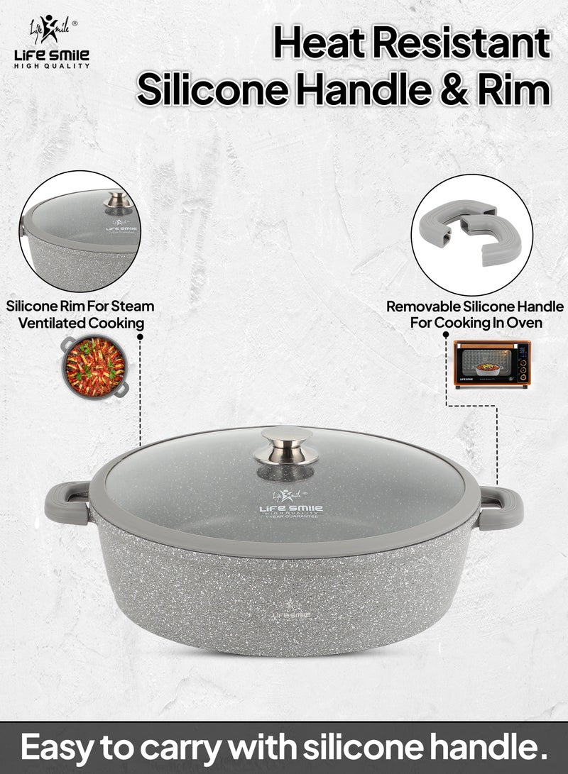 24cm (2.1 Liter) LIFE SMILE Shallow Pot - Multi Layer Non Stick Granite Coating 100% PFOA Free - Glass Lid With Silicone Rim - Detachable Silicone Handles - Oven Safe Frying Pan