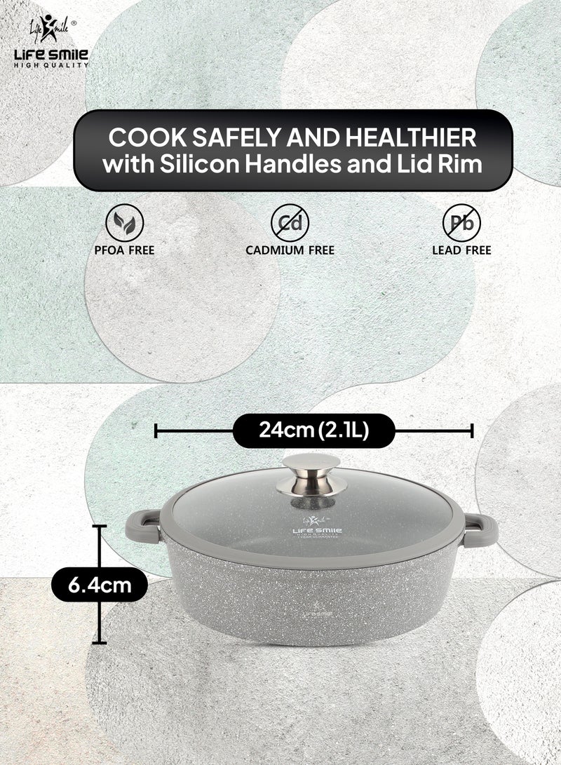 24cm (2.1 Liter) LIFE SMILE Shallow Pot - Multi Layer Non Stick Granite Coating 100% PFOA Free - Glass Lid With Silicone Rim - Detachable Silicone Handles - Oven Safe Frying Pan