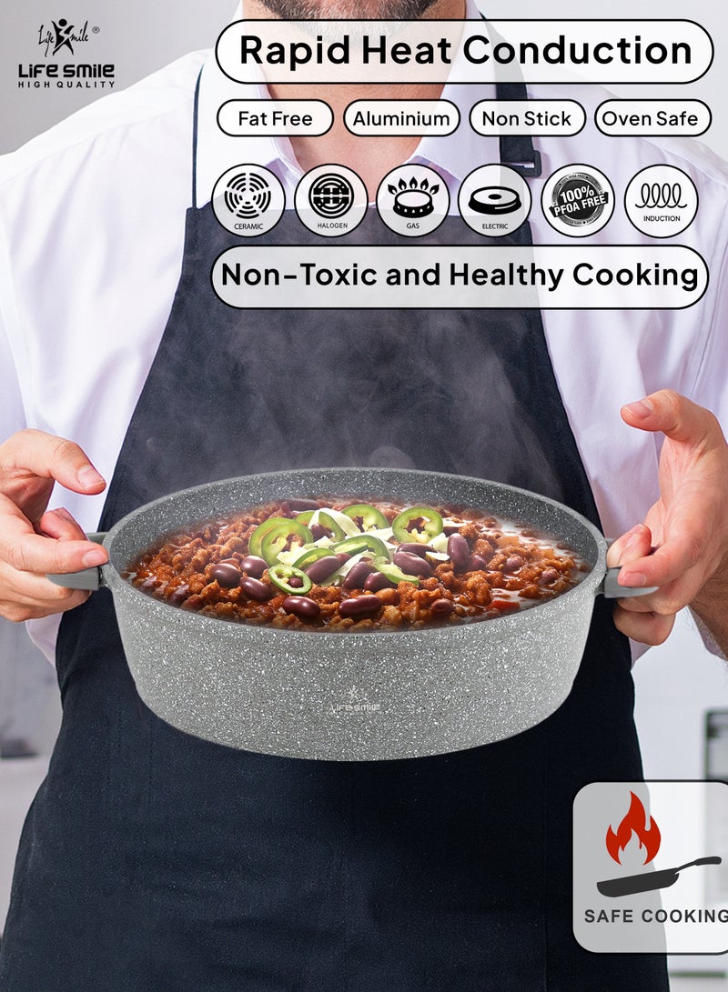 24cm (2.1 Liter) LIFE SMILE Shallow Pot - Multi Layer Non Stick Granite Coating 100% PFOA Free - Glass Lid With Silicone Rim - Detachable Silicone Handles - Oven Safe Frying Pan