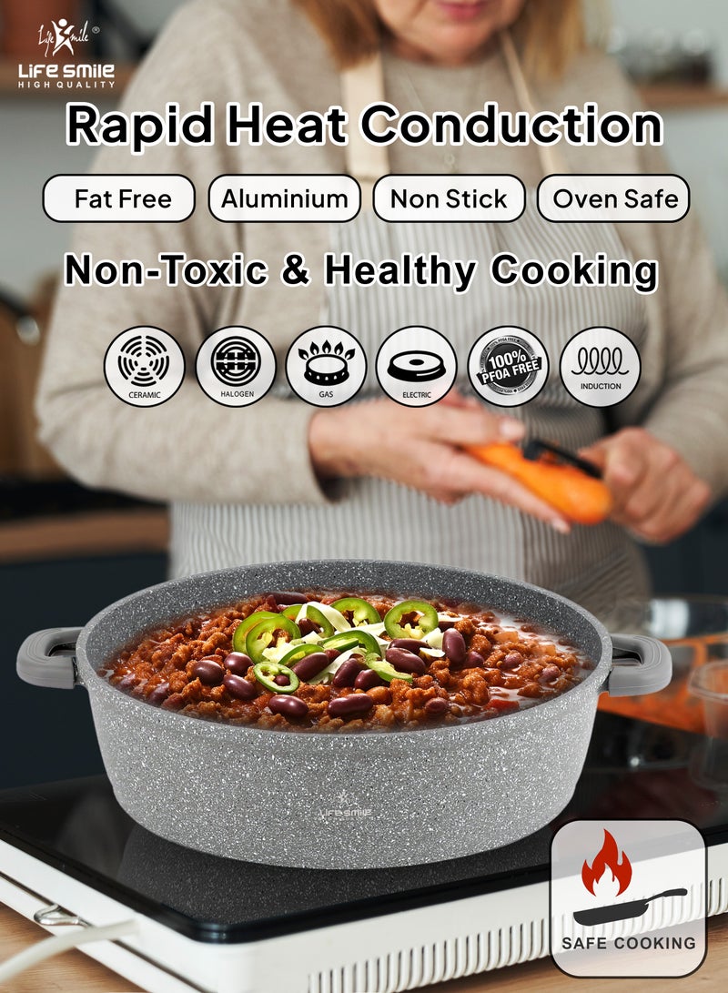 40cm (9.6 Liter) LIFE SMILE Shallow Pot - Multi Layer Non Stick Granite Coating 100% PFOA Free - Glass Lid With Silicone Rim - Detachable Silicone Handles - Oven Safe Frying Pan