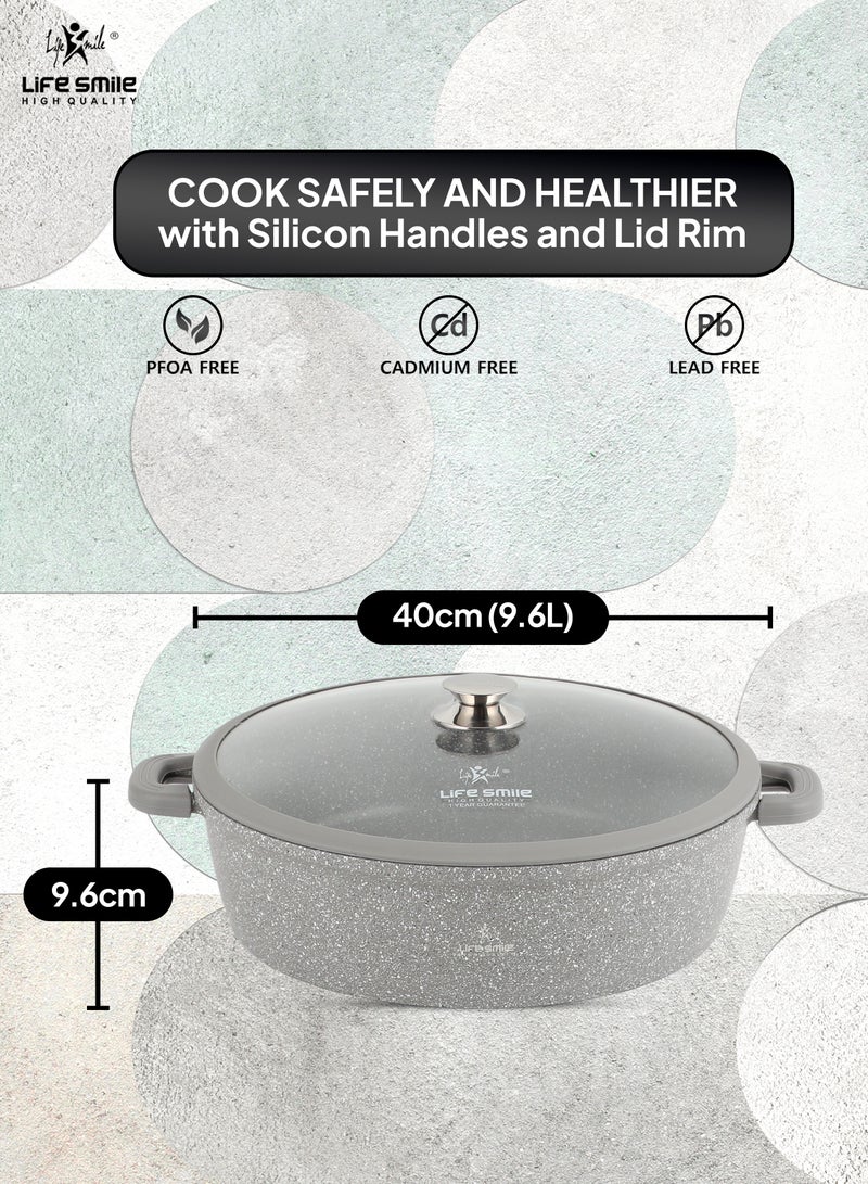 40cm (9.6 Liter) LIFE SMILE Shallow Pot - Multi Layer Non Stick Granite Coating 100% PFOA Free - Glass Lid With Silicone Rim - Detachable Silicone Handles - Oven Safe Frying Pan