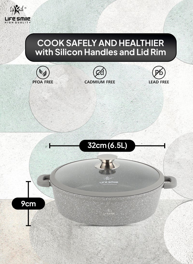 32cm (6.5 Liter) LIFE SMILE Shallow Pot - Multi Layer Non Stick Granite Coating 100% PFOA Free - Glass Lid With Silicone Rim - Detachable Silicone Handles - Oven Safe Frying Pan