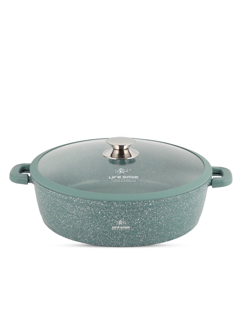 40cm (9.6 Liter) LIFE SMILE Shallow Pot - Multi Layer Non Stick Granite Coating 100% PFOA Free - Glass Lid With Silicone Rim - Detachable Silicone Handles - Oven Safe Frying Pan (Green)