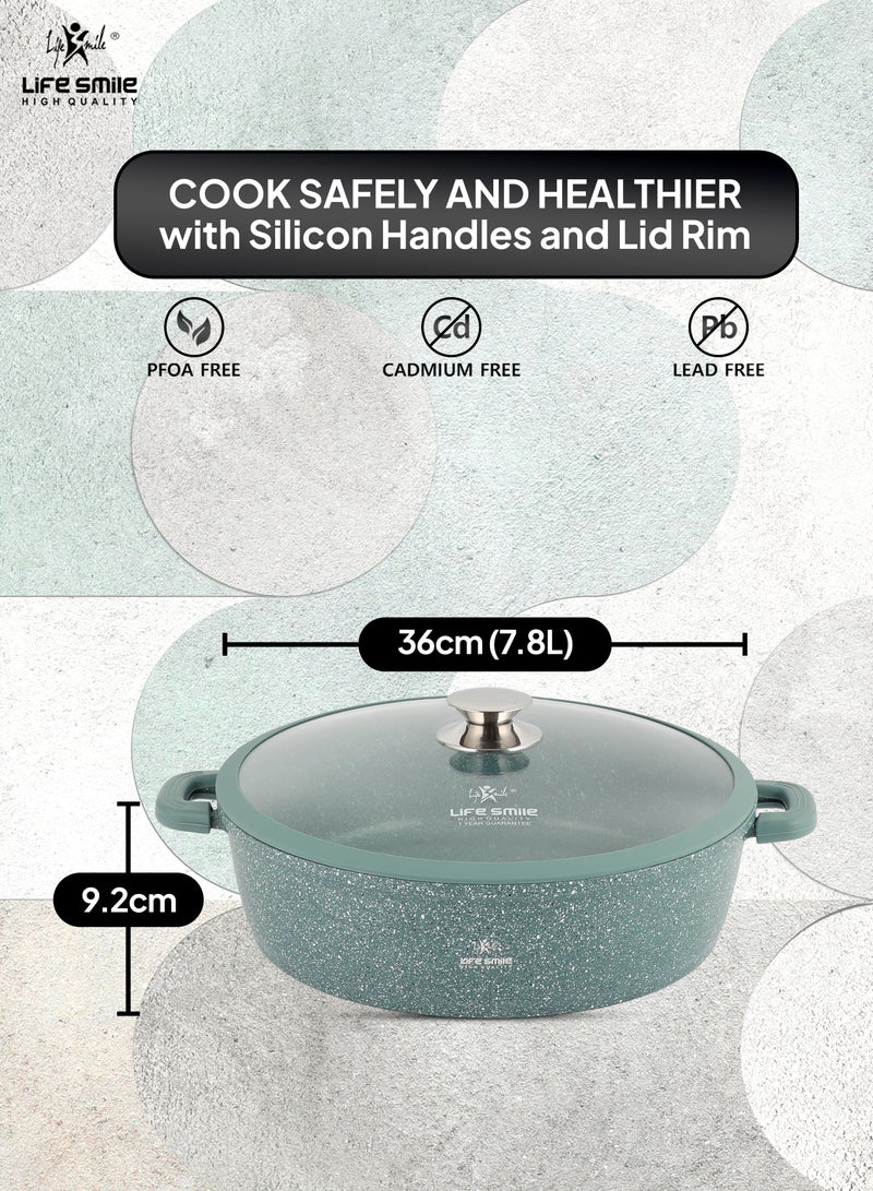 36cm (7.8 Liter) LIFE SMILE Shallow Pot - Multi Layer Non Stick Granite Coating 100% PFOA Free - Glass Lid With Silicone Rim - Detachable Silicone Handles - Oven Safe Frying Pan