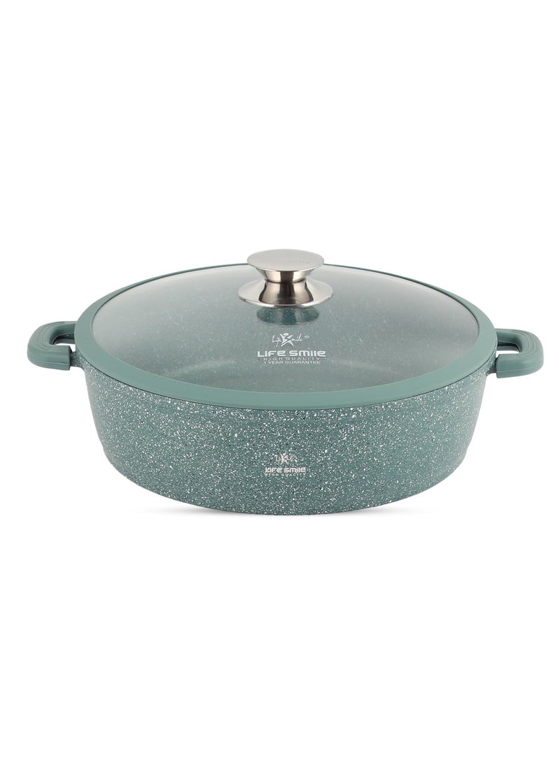 32cm (6.5 Liter)Shallow Pot with Lid | Non Stick PFOA FREE Granite Coating Frying Pan Cooking Pot | Oven Safe | Dishwasher Safe | Double Handle (Green)