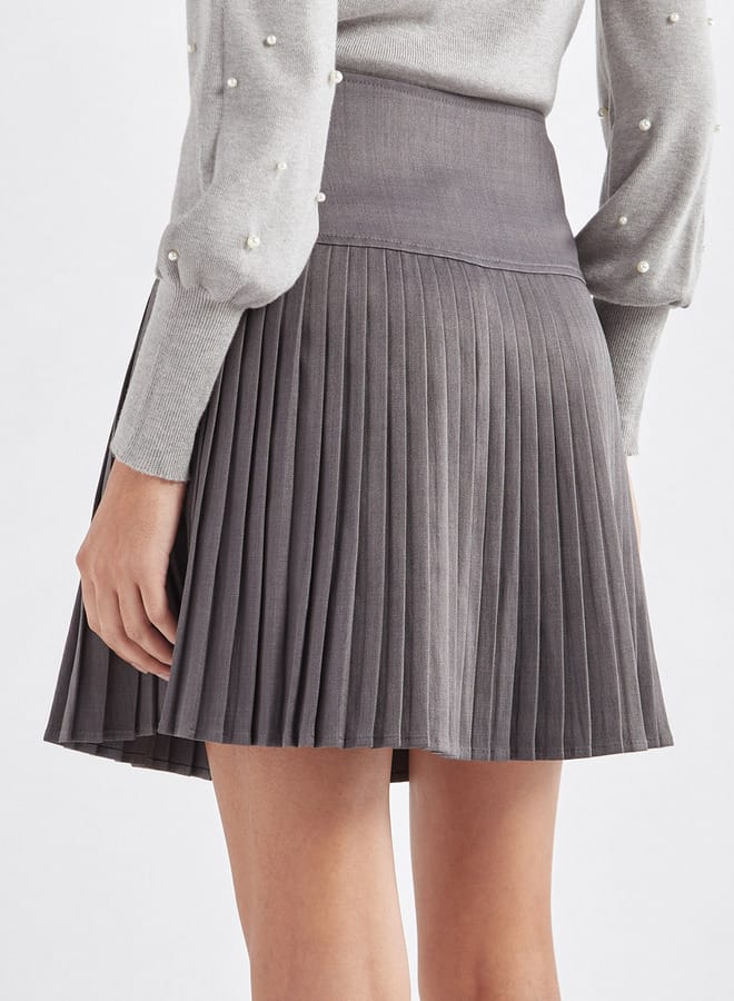 Solid Pleated A-line Mini Skirt with Elasticated Waistband