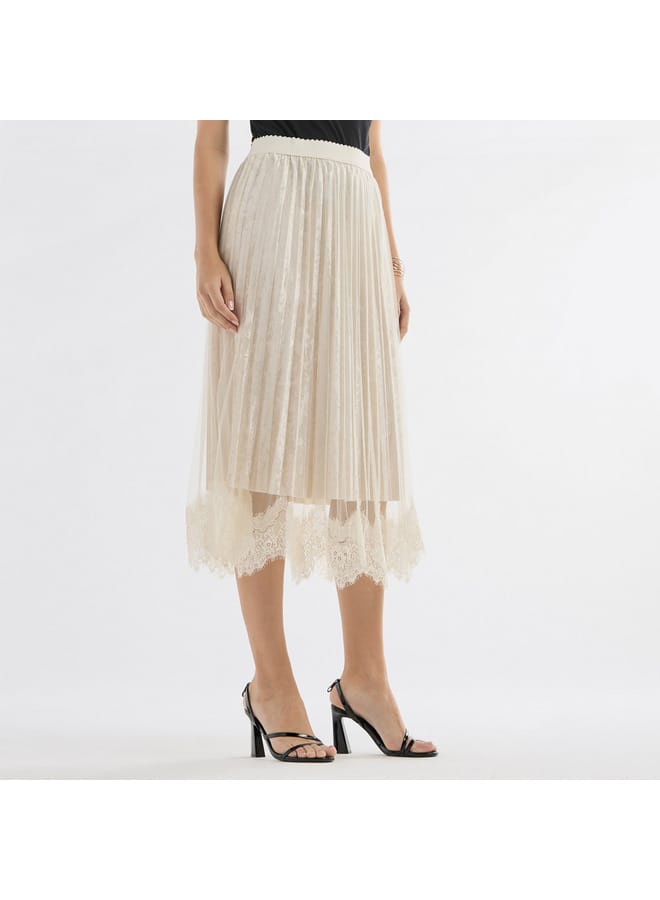 Lace Detail Pleated Asymmetric Midi Skirt